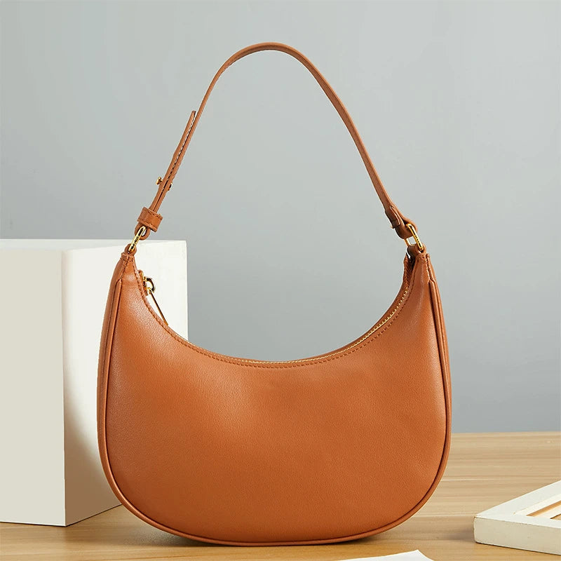 Womens Fashion Handbags Retro Solid Color Pu Leather Bag Half Simple Color Underarm Shoulder Bag Moon Casual Purse