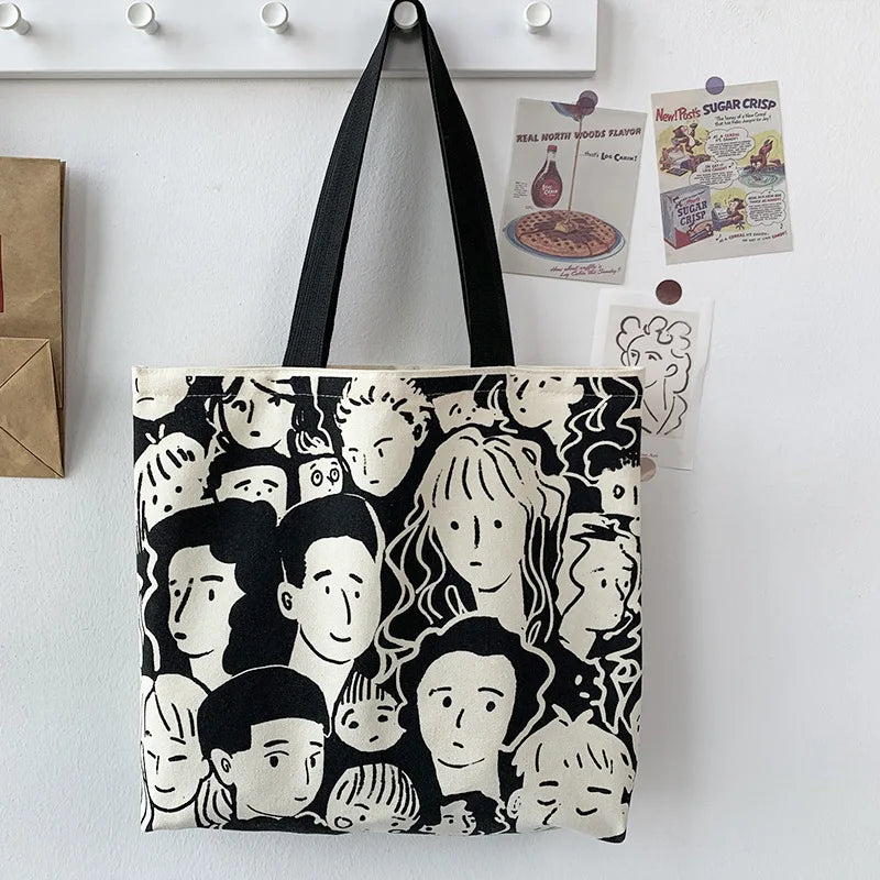 Teen Youth Pattern Canvas Bag, Large Capacity Female Single Handbag Shoulder Bag, Student Literary Artistic Simple Shopping Bag