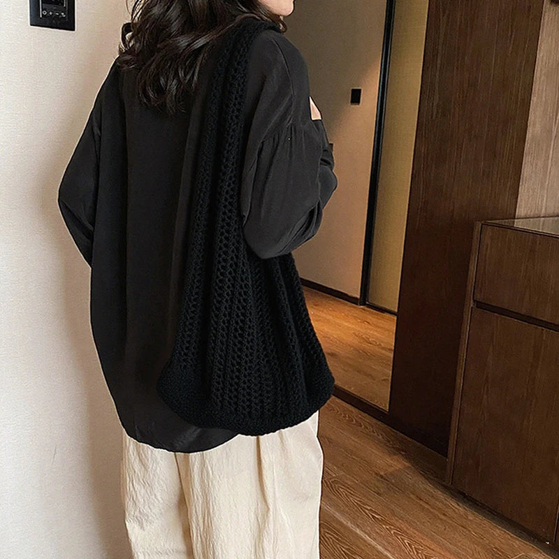 Summer Knitted Hollow Underarm Bag Women's Large Capacity Shopper Tote Bag Simple Design Casual Travel Handbags