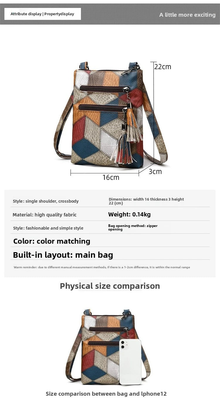 Retro PU Soft Leather Multi Pocket Handbag Shoulder Bag with Color Blocking Plaid Tassel Cross Bags, Mobile Phone Messenger Bag