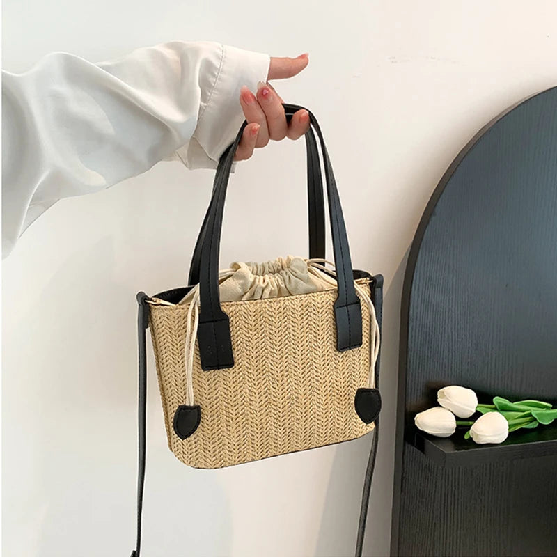 Knit Travel Bags Straw Woven Beach Bag Wrist Pack Women Handle Female Bucket Tote Bags Rattan Ladies Purses Handbag