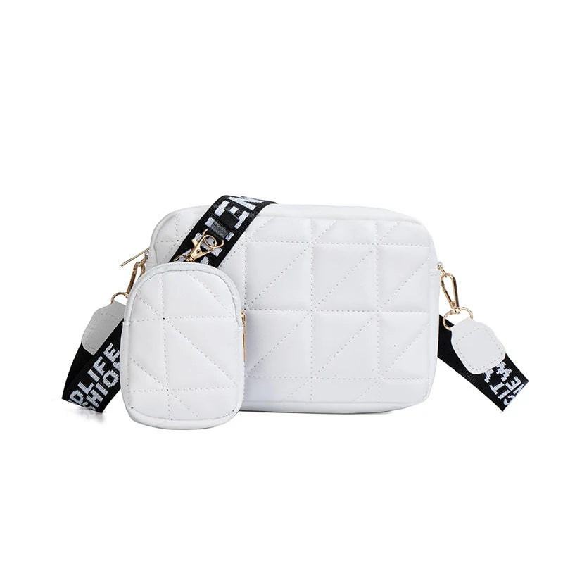 New Solid Color Diamond Plaid Son And Mother Fashion Shoulder Bag Trendy Letter Wide Shoulder Strap Crossbody Small Square Bag