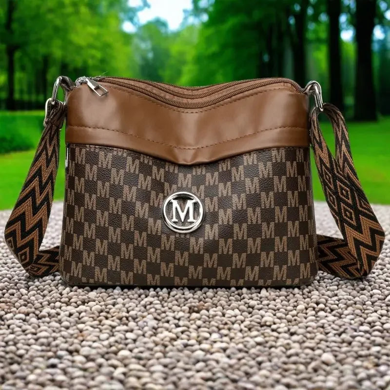 Classic Letter Patchwork Design Stylish Crossbody Bag Printed Three Layer Zipper Leather Shoulder Bag for Daily Use Work Outdoor