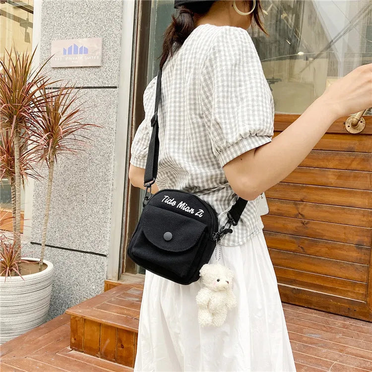 Cartoon Mini Canvas Bag Cute Small Crossbody Bags for Woman Phone Tissue Coin Purse Pocket, Student Shoulder Bag with Pin Bear