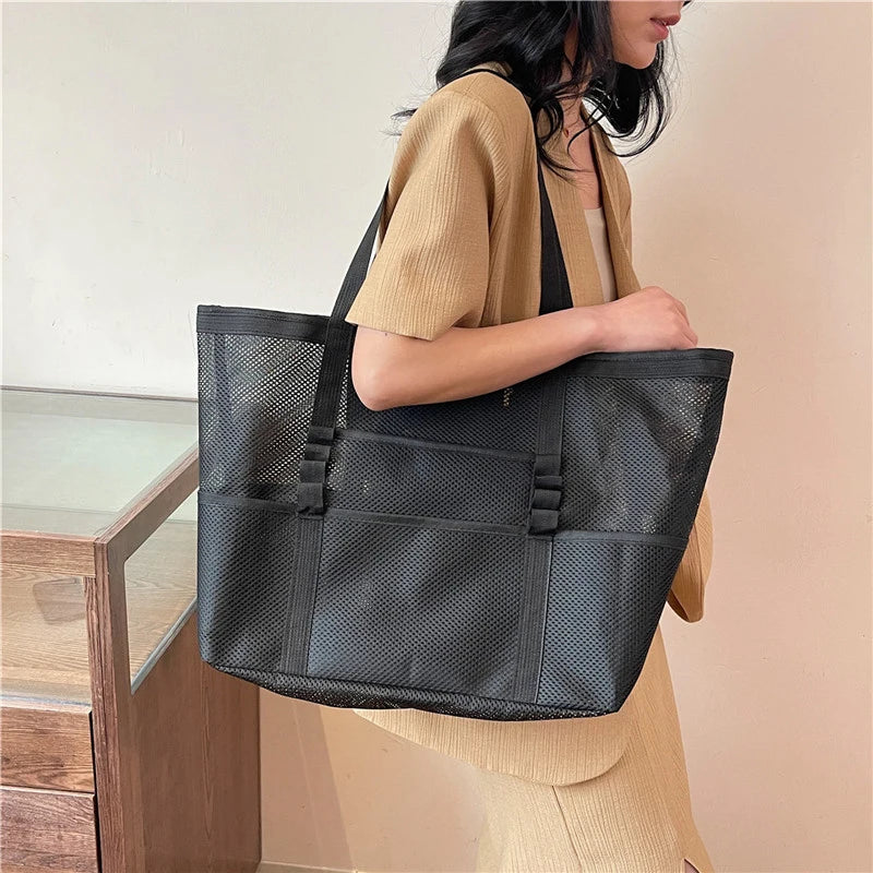 Portable Mesh Beach Bag For Women Makeup Travel Storage Wash Bag Summer Travel Swimming Bath Bag Organizer Shopper Totes