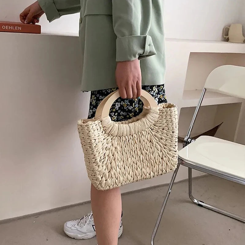 Fashion Lady Straw Woven Basket Handbag Summer Women's Shoulder Bag Bohemia Travel Beach Han made Beach Bucket Shopper Tote