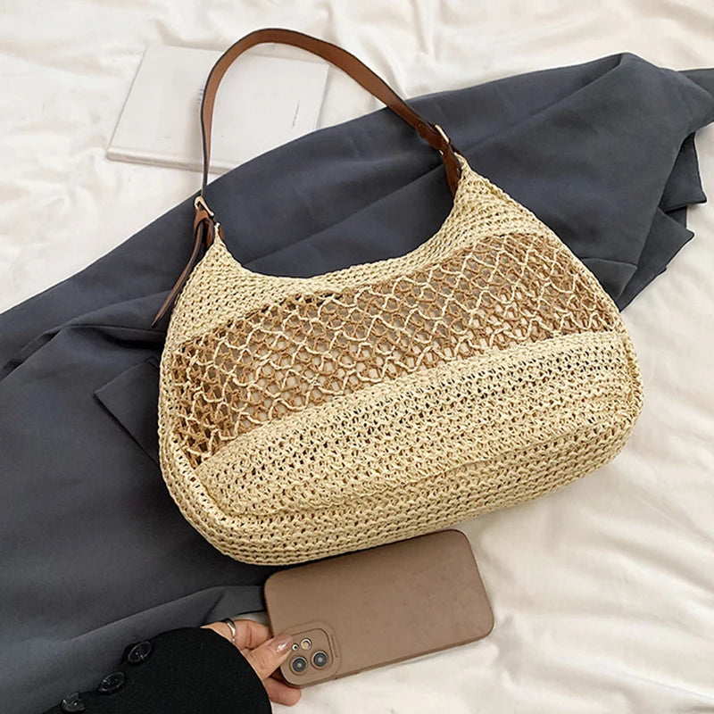 Women Hollow Shoulder Bag Large Capacity Straw Weaving Travel Handbag Adjustable Strap Shopper Tote Bag