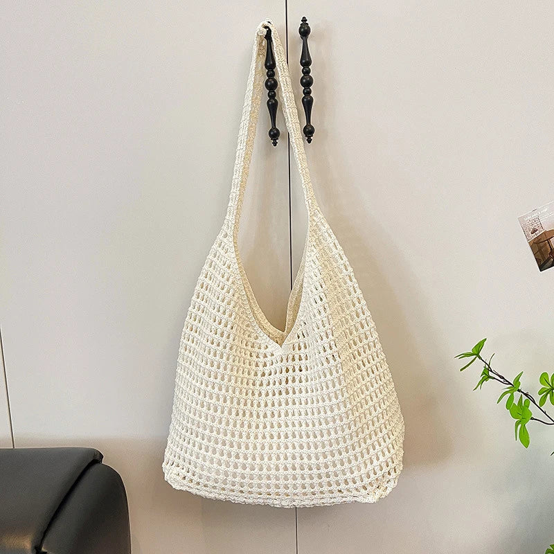 New Sweet Crochet Shoulder Bag Leisure Beach Hollow Out Handbag Women Solid Color Woven Totes Bag For Travel
