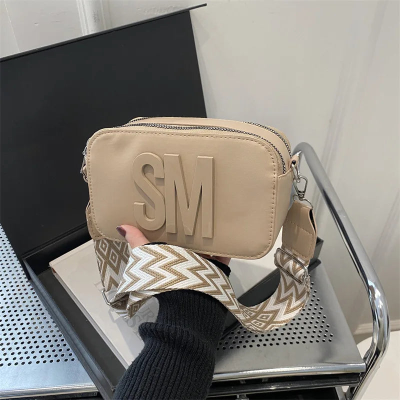 Stylish Versatile Women Single Shoulder Bag, SM Letter Pu Leather Small Square Bag, Leisure Wide Shoulder Strap Cross Body Bags