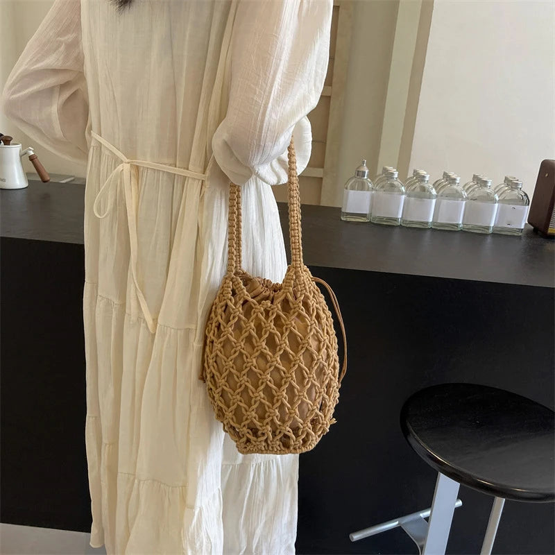 Ladies Summer Bucket Shoulder Bag Phone Purse Handmade Hollow Out Cotton Rope Crochet Bag Small Handbag For Women