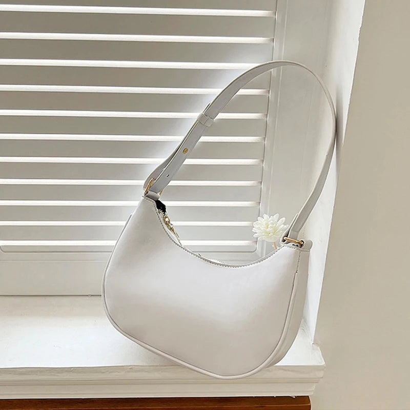 Womens Fashion Handbags Retro Solid Color Pu Leather Bag Half Simple Color Underarm Shoulder Bag Moon Casual Purse