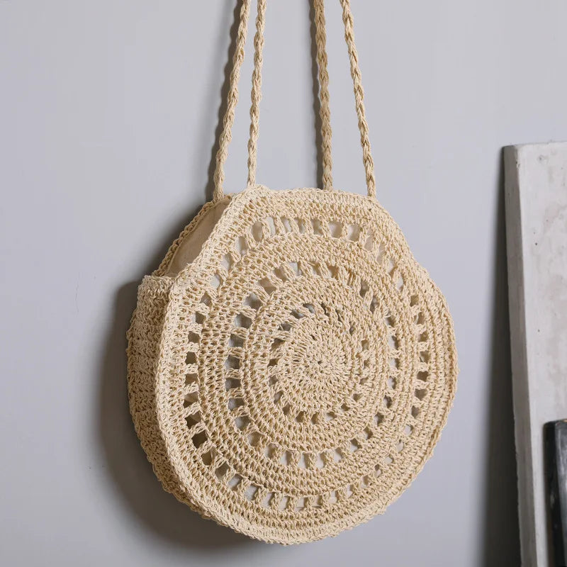 Summer Round Straw Bag Women Woven Rattan Beach Bag Hot New Shoulder Bag Circle Hollow Out Handle Bag Casual Shopper Tote Pouch