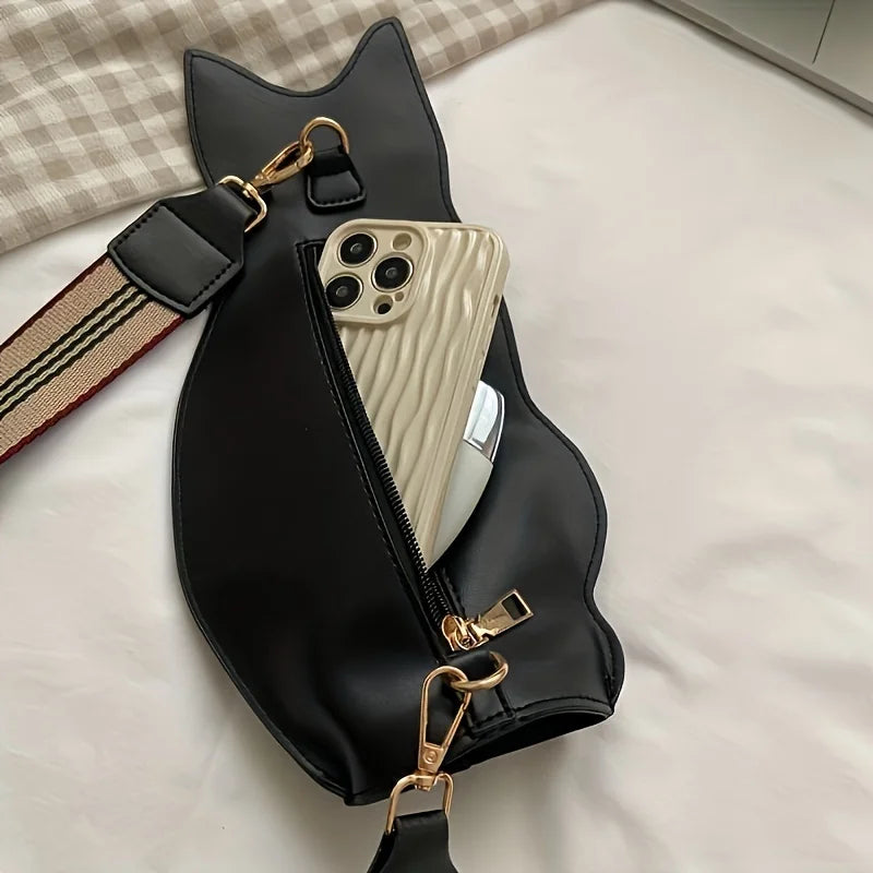 Stylish Black Cat Crossbody Bag, Ladies Chest Bag, Large Capacity PU Leather Purse Retro Animal Design Cute Cartoon Shoulder Bag