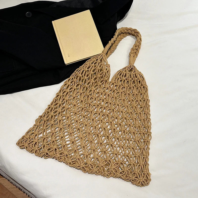 Women Bag Bucket Cotton Beach Bag Bag Casual Hollow Out Solid Soft High-Capacity Shoulder Bag Travel Handbag