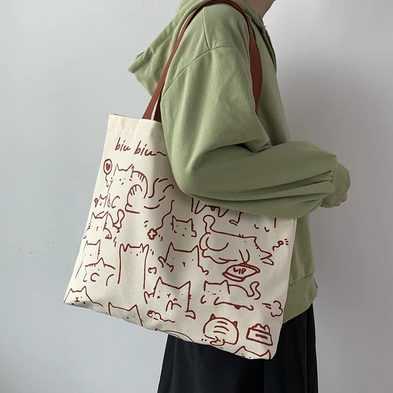Art Design Cute Animals Printed Handbag Shoulder Bag, Literary Retro Canvas Tote Bags for Women Daily Use Work, Shopping School
