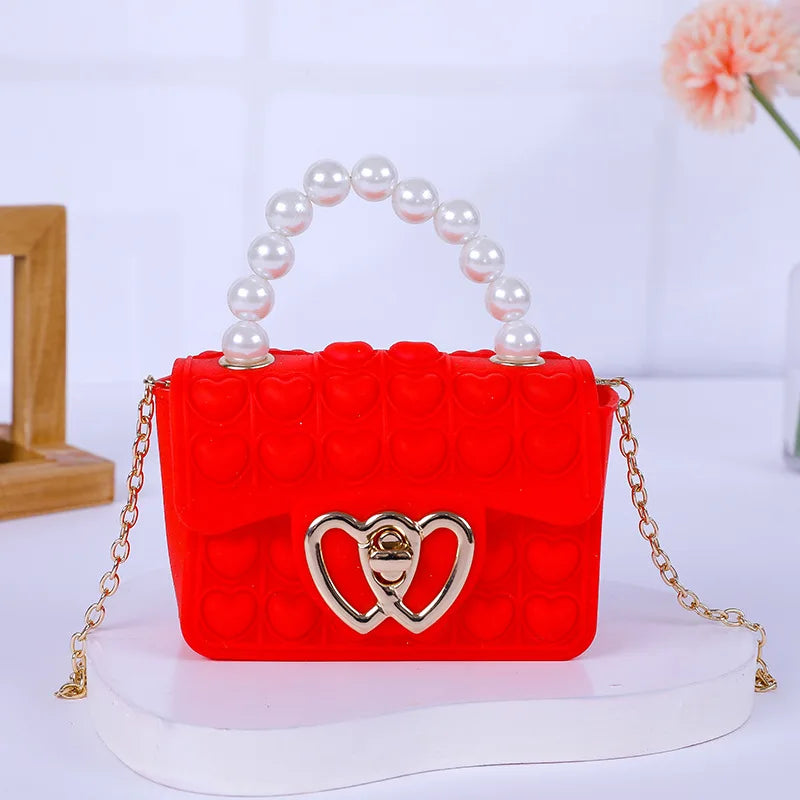 Silicone Love Bubble Jelly Bag, Popper Pressure Relieving Purse, Pop It Handbag With Faux Pearl Handle, Cute Chain Crossbody Bag
