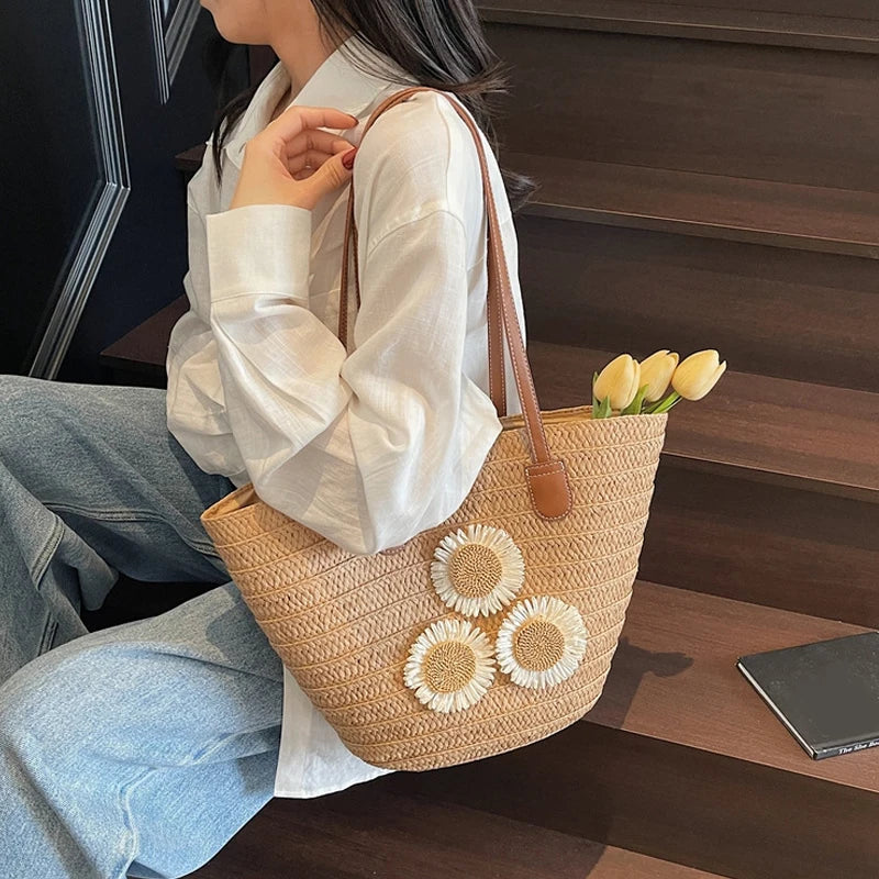 Woven Women Handbag Large Capactity Basket Summer Beach Bag Shopper Tote Ladies Travel Shoulder Underarm Bags