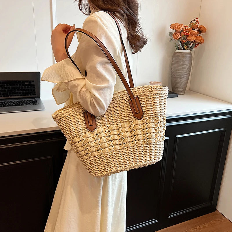 Summer Straw Bags for Women Straw Shoulder Bags Rattan Woven Top Handle Bag Hollow Raffia Crochet Beach Bag Casual Handbags