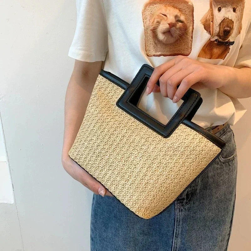 Retro Woven Bag, Summer Solid Tote Bag, Contrast Binding Straw Handbag for Women Business/Work/Office/Festivals/Vacation/Holiday