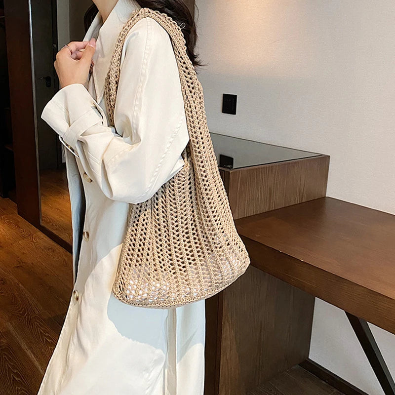 Summer Knitted Hollow Underarm Bag Women's Large Capacity Shopper Tote Bag Simple Design Casual Travel Handbags