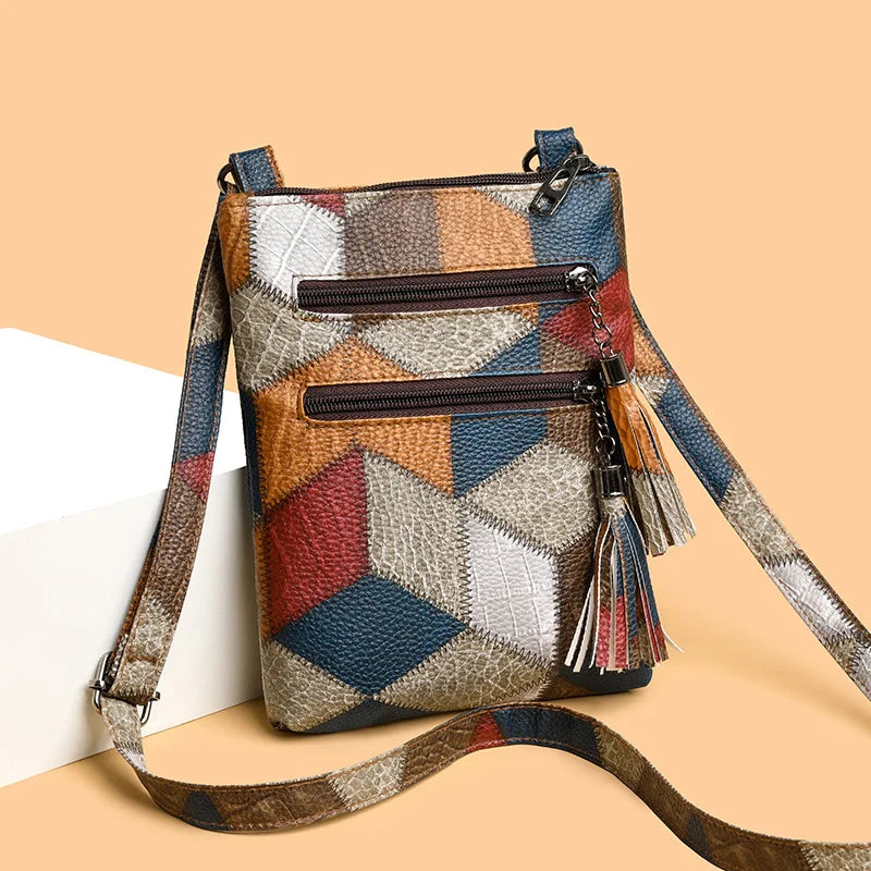 Retro PU Soft Leather Multi Pocket Handbag Shoulder Bag with Color Blocking Plaid Tassel Cross Bags, Mobile Phone Messenger Bag