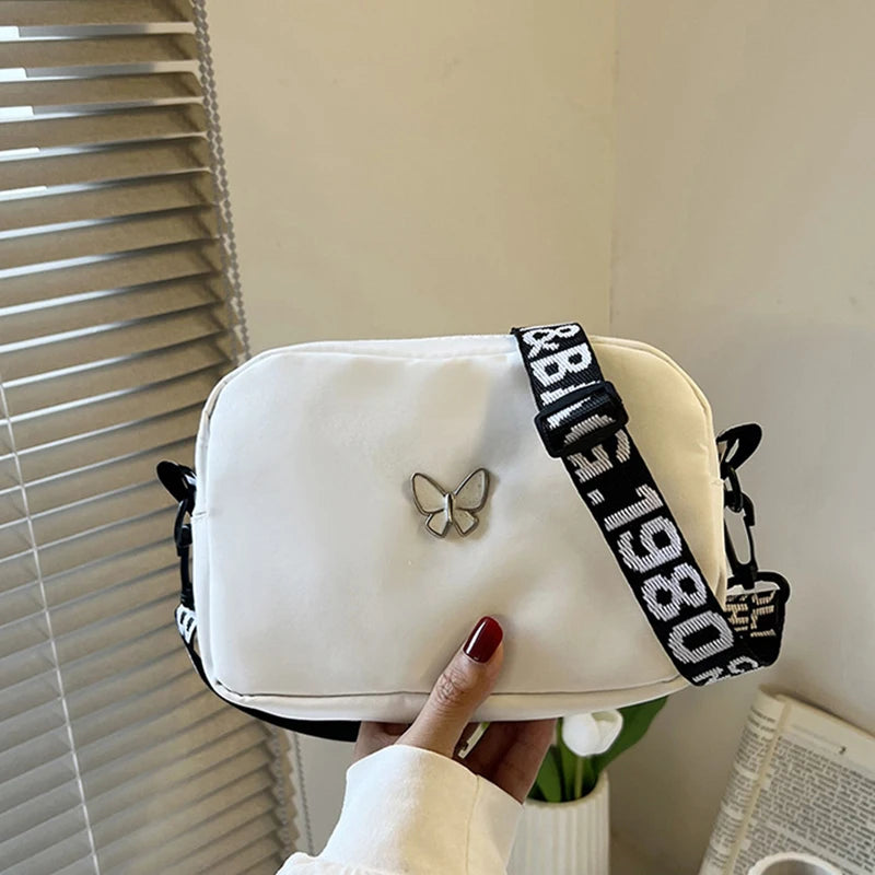Black&white Shoulder Bag Durable Butterly Nylon Crossbody Bag Wide Belt Crossbody Bag Casual Small Sqaure Bag For Women