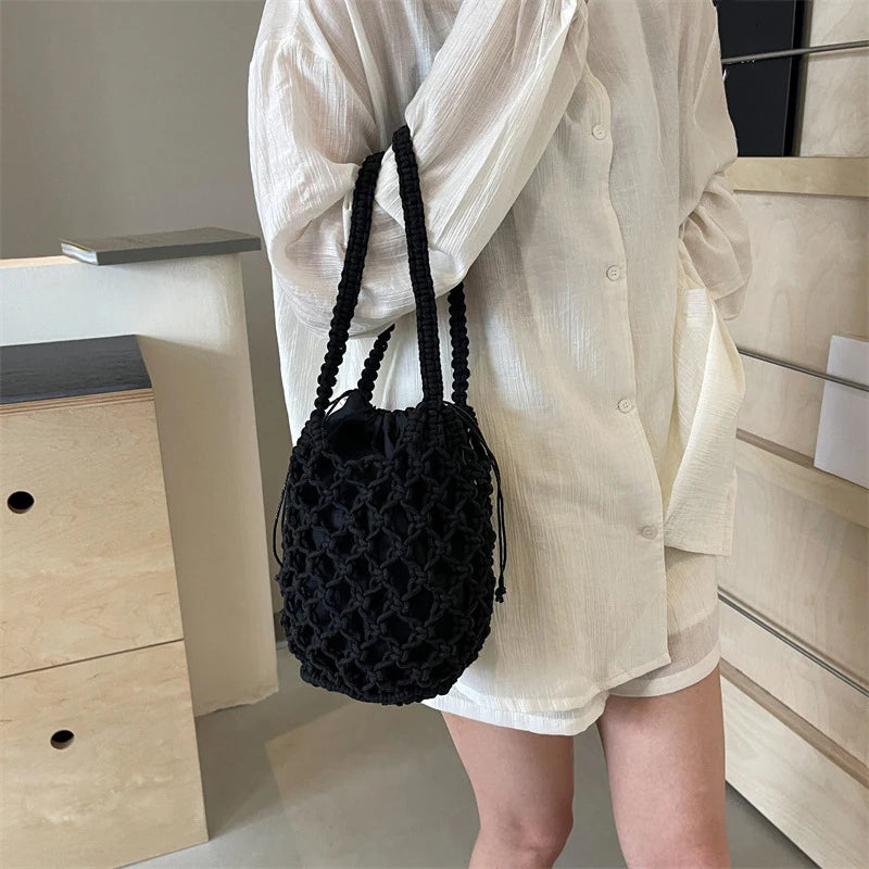 Ladies Summer Bucket Shoulder Bag Phone Purse Handmade Hollow Out Cotton Rope Crochet Bag Small Handbag For Women