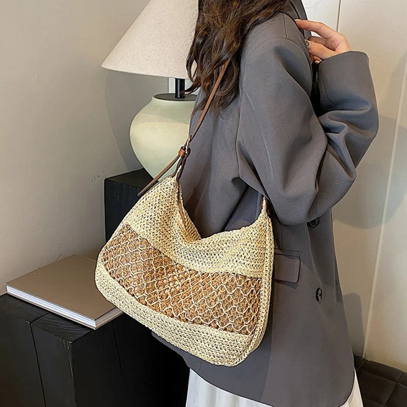 Women Hollow Shoulder Bag Large Capacity Straw Weaving Travel Handbag Adjustable Strap Shopper Tote Bag