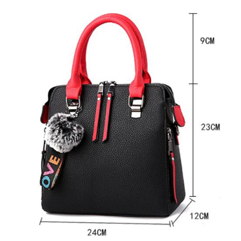 PU Leather Women's Crossbody Bag, Fur Ball Pendant Shoulder Bag, Solid Color Handbag