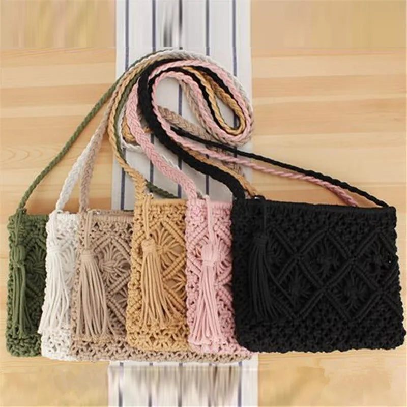 Handmade Bohemian Woven Rope Crossbody Bag with Tassel Detail, Summer Beach Clutch Shoulder Bags for Women, Geometric Design