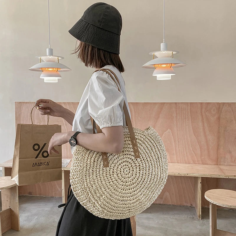 Summer Round Straw Bags for Women Rattan Shoulder Bag Travel Handmade Woven Beach Handbags Female Large Capacity Totes Bag