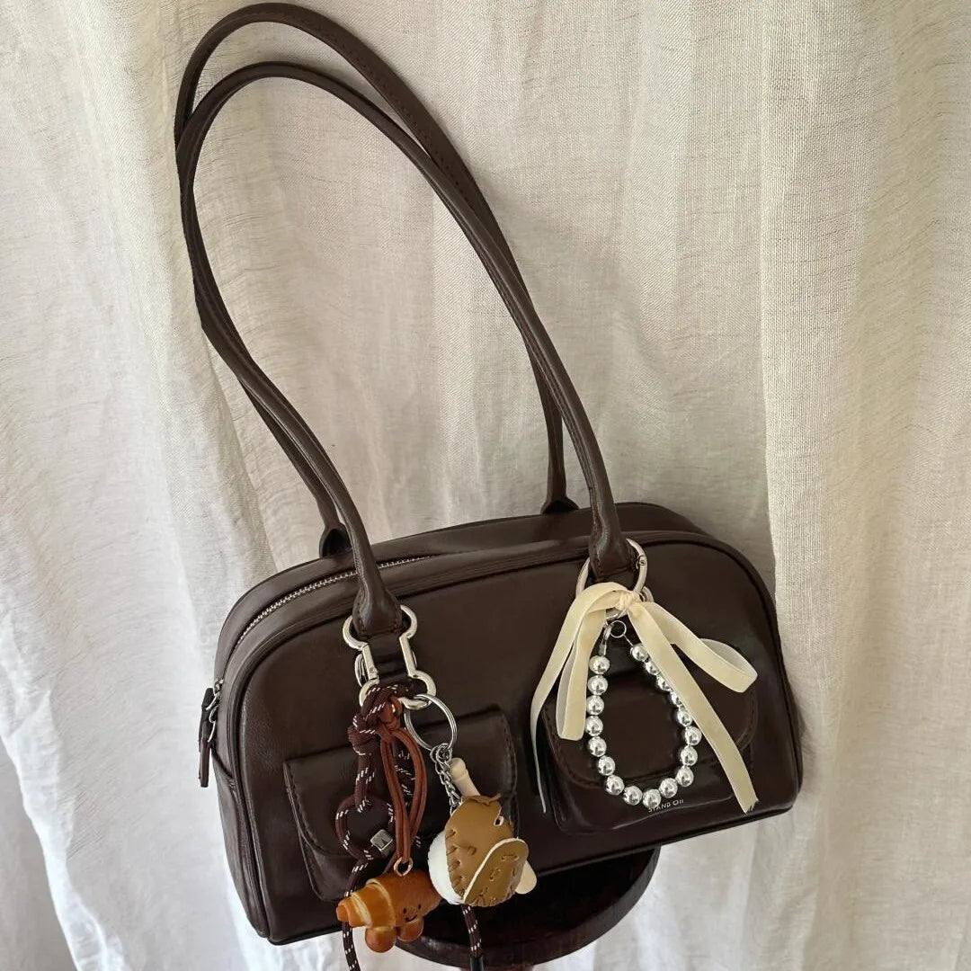 Black Brown PU Leather Tote Bag with Double Pouch Large Capacity Single Shoulder Armpit Bag Vintage Handbag Women for Daily Use
