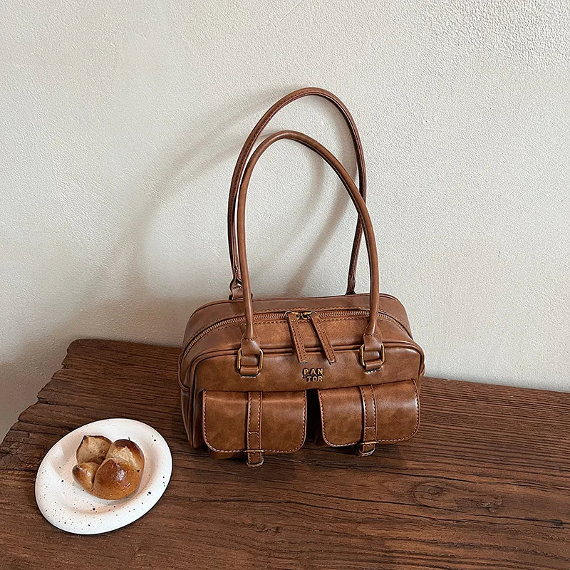 Women's Coffee Brown Multi-Pocket Handbag Shoulder Bag, Stylish Versatile Letter Crossbody Purse for Travel Work Shopping Dates