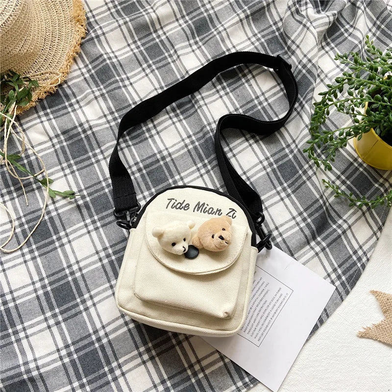 Cartoon Mini Canvas Bag Cute Small Crossbody Bags for Woman Phone Tissue Coin Purse Pocket, Student Shoulder Bag with Pin Bear