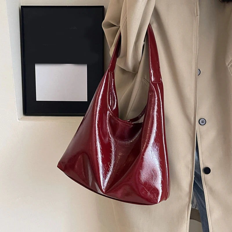 Soft PU Leather Quality Underarm Bag Vintage Wine Red Ladies Shoulder Bag Commuter Large Handbag Women's Versatile Tote Bag