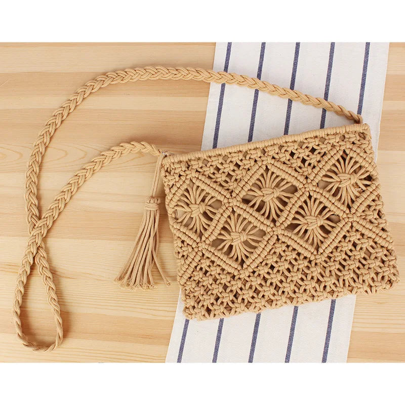 Handmade Bohemian Woven Rope Crossbody Bag with Tassel Detail, Summer Beach Clutch Shoulder Bags for Women, Geometric Design