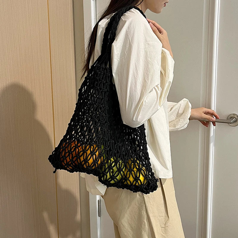 Women Bag Bucket Cotton Beach Bag Bag Casual Hollow Out Solid Soft High-Capacity Shoulder Bag Travel Handbag