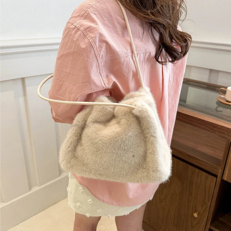 Women Fluffy Shoulder Bag Top-handle Bag New Fashion Female Autumn Winter Handbag Soft Plush Versatile Shopping Tote