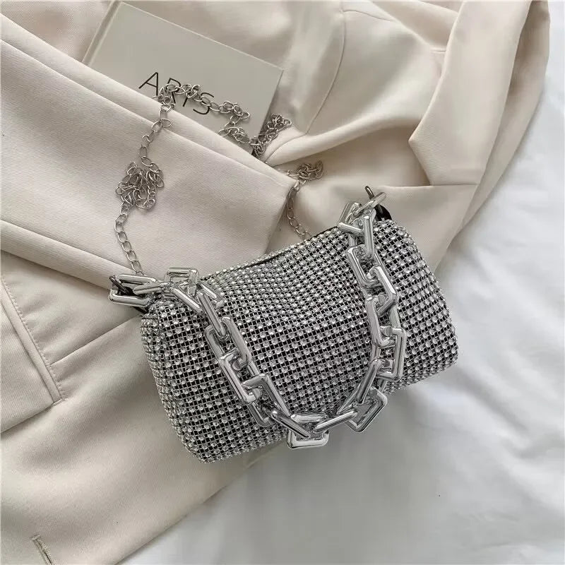 Full Version Rhinestone Bucket Tote Bag, Stylish Sparkling Chain Ball Pillow Shoulder Bag, Women's Mini Hand-Held Crossbody Bag