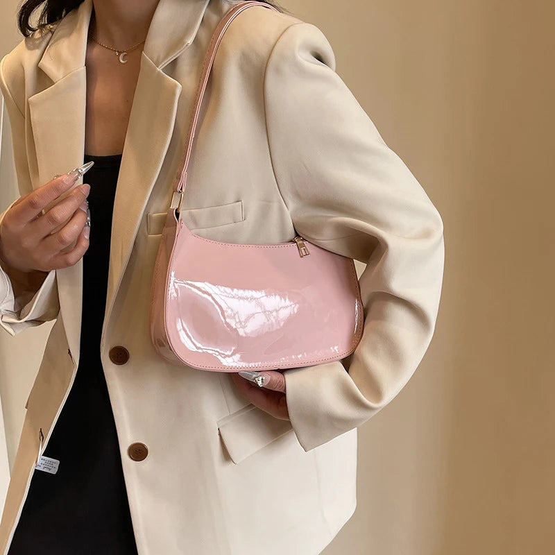 Women's Patent Leather Handbag Versatile Fashion Shoulder Bag Casual Commuting Bag Girl Brand Designer Zipper Small Handbag