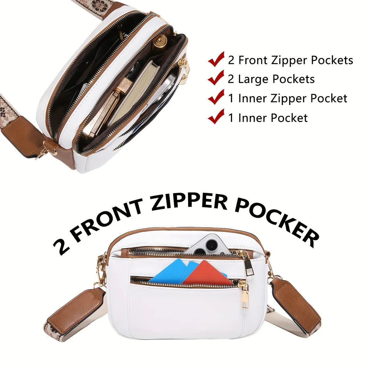 Stylish Wide Shoulder Strap Leather Crossbody Bag States Color Matching Zipper Small Square Shoulder Bag Suitable for Daily Use