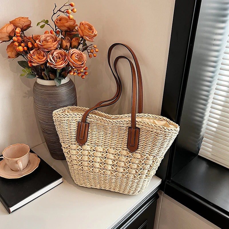 Summer Straw Bags for Women Straw Shoulder Bags Rattan Woven Top Handle Bag Hollow Raffia Crochet Beach Bag Casual Handbags