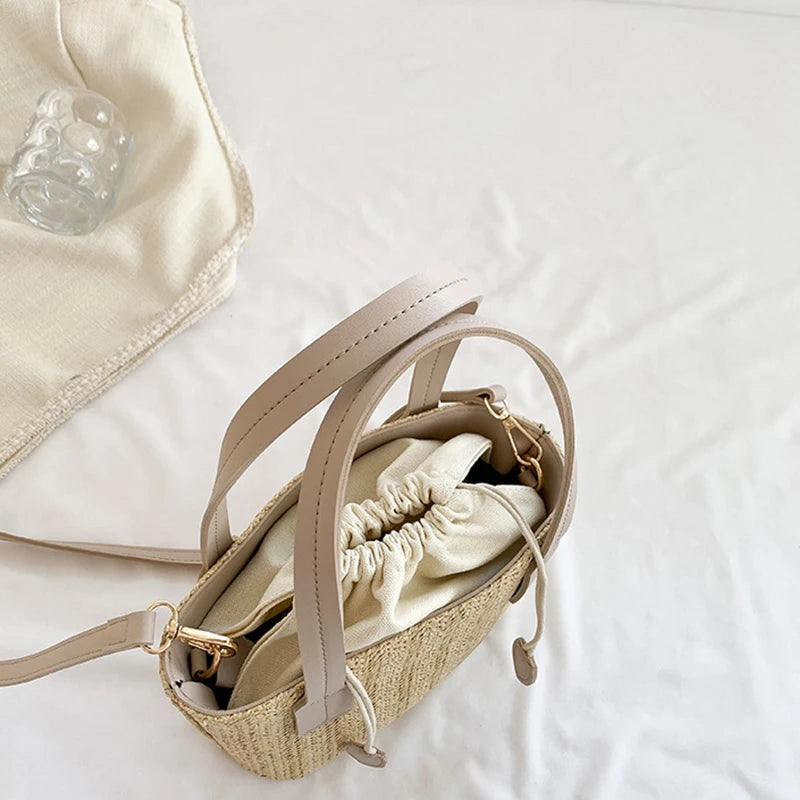 Knit Travel Bags Straw Woven Beach Bag Wrist Pack Women Handle Female Bucket Tote Bags Rattan Ladies Purses Handbag