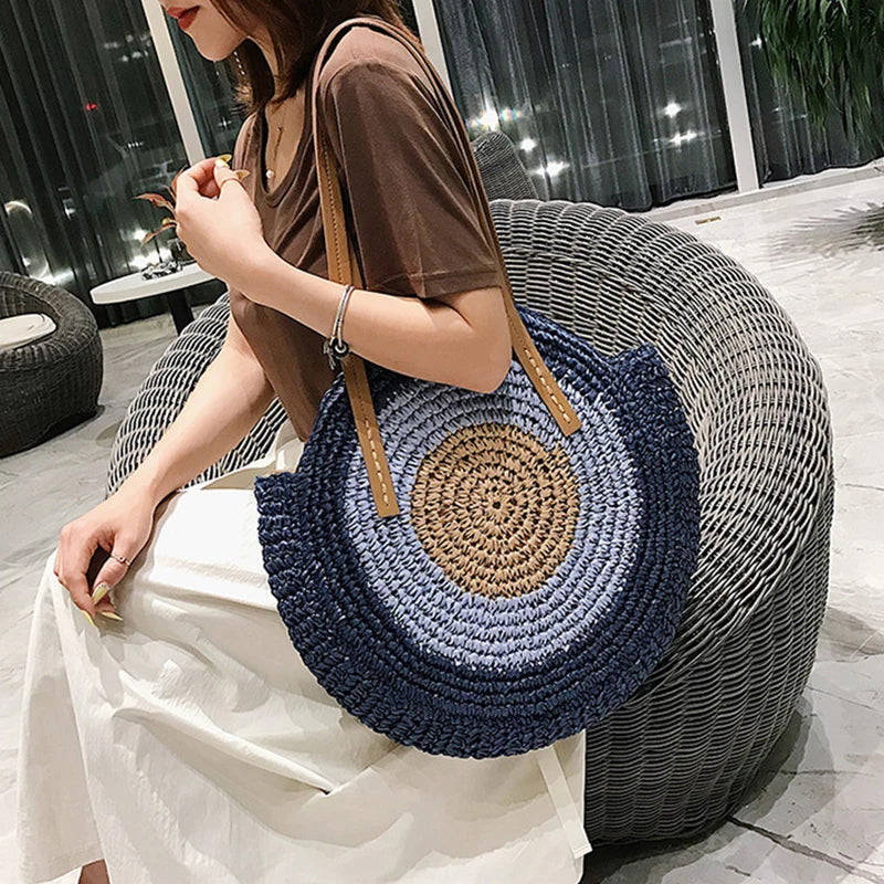 Large Capacity Round Women Fashionable Straw Woven Shoulder Bag Handmade Summer Beach Travel Holiday Women Tote Bags