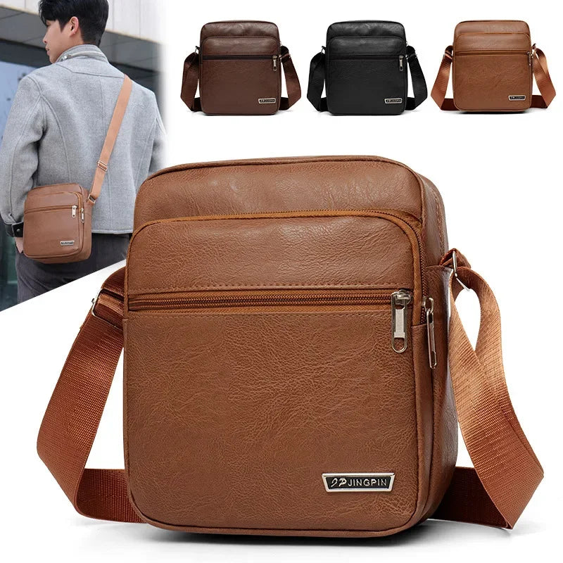 Men's Bag, PU Leather Single Shoulder Bag Multi Layer Zipper Large Capacity Crossbody Bag Daily Use Work Travel Business Commute