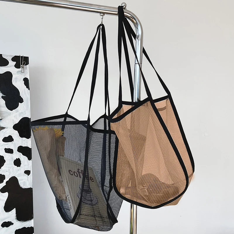Fashion Large Capacity Handbag Mesh Hollow Out Design Beach Travel Package For Women Single Shoulder Bag Female Shopper Totes