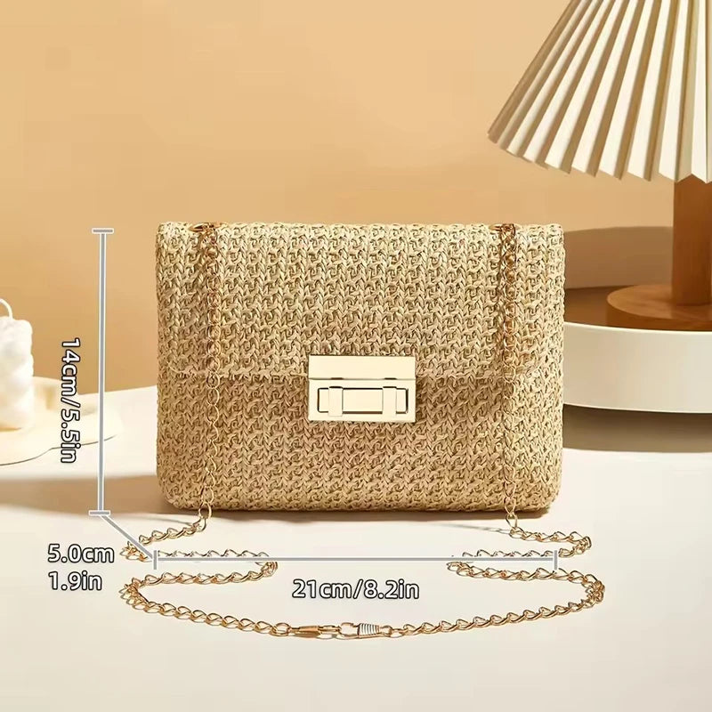 Buckle Closure Chain Crossbody Shoulder Bag Sweet Raffia Woven Women Sling Bag Solid Color Lightweight Beach Travel Purse