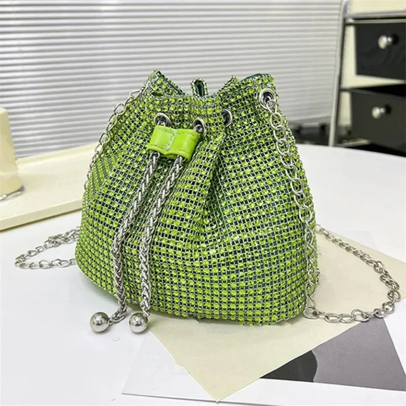 Charming Rhinestone Dinner Bag Sparkling Drawstring Chain Bucket Shoulder Crossbody Bags for Women Daily Christmas Party Banquet