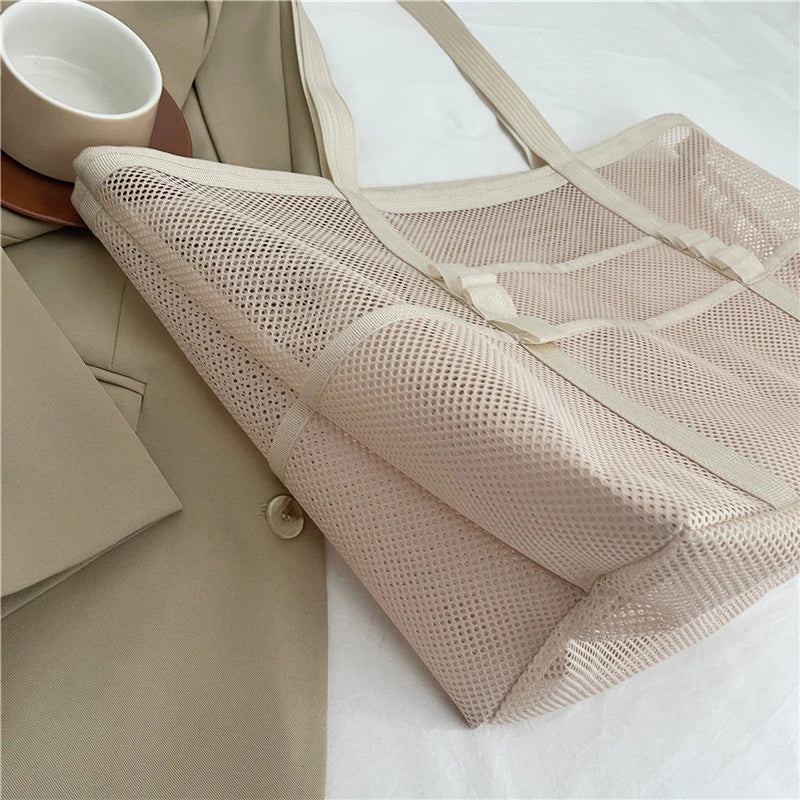 Portable Mesh Beach Bag For Women Makeup Travel Storage Wash Bag Summer Travel Swimming Bath Bag Organizer Shopper Totes