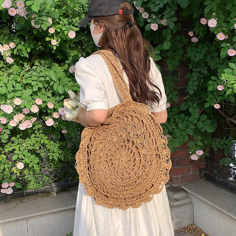 Bohemian Straw Bags for Women Circle Beach Handbags Summer Rattan Shoulder Bags Handmade Knitted Travel Big Totes Bag New